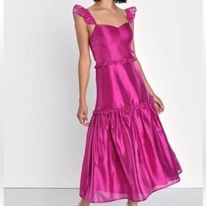 2023 Lulus Effervescent Aesthetic Magenta Tiered Ruffled Midi Dress (Worn Once)